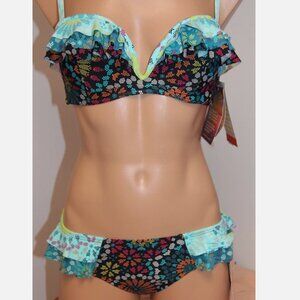 NWT Coco Rave Bra Bikini 2pc set Size S cup sized Ruffled Black